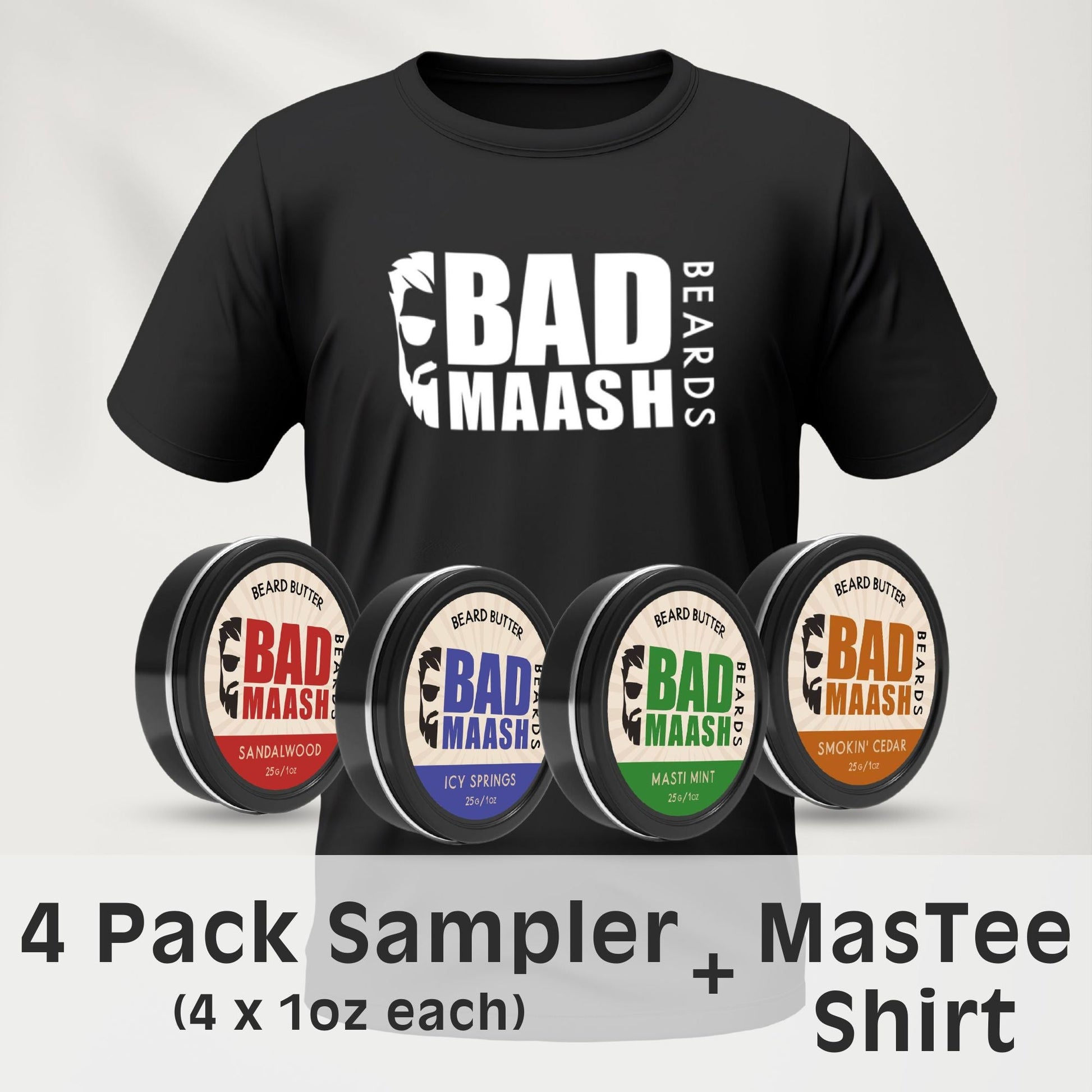 4 Pack Sampler MasTee Bundle - Badmaash Beards - 4 Beard Butters Pack + Tshirt