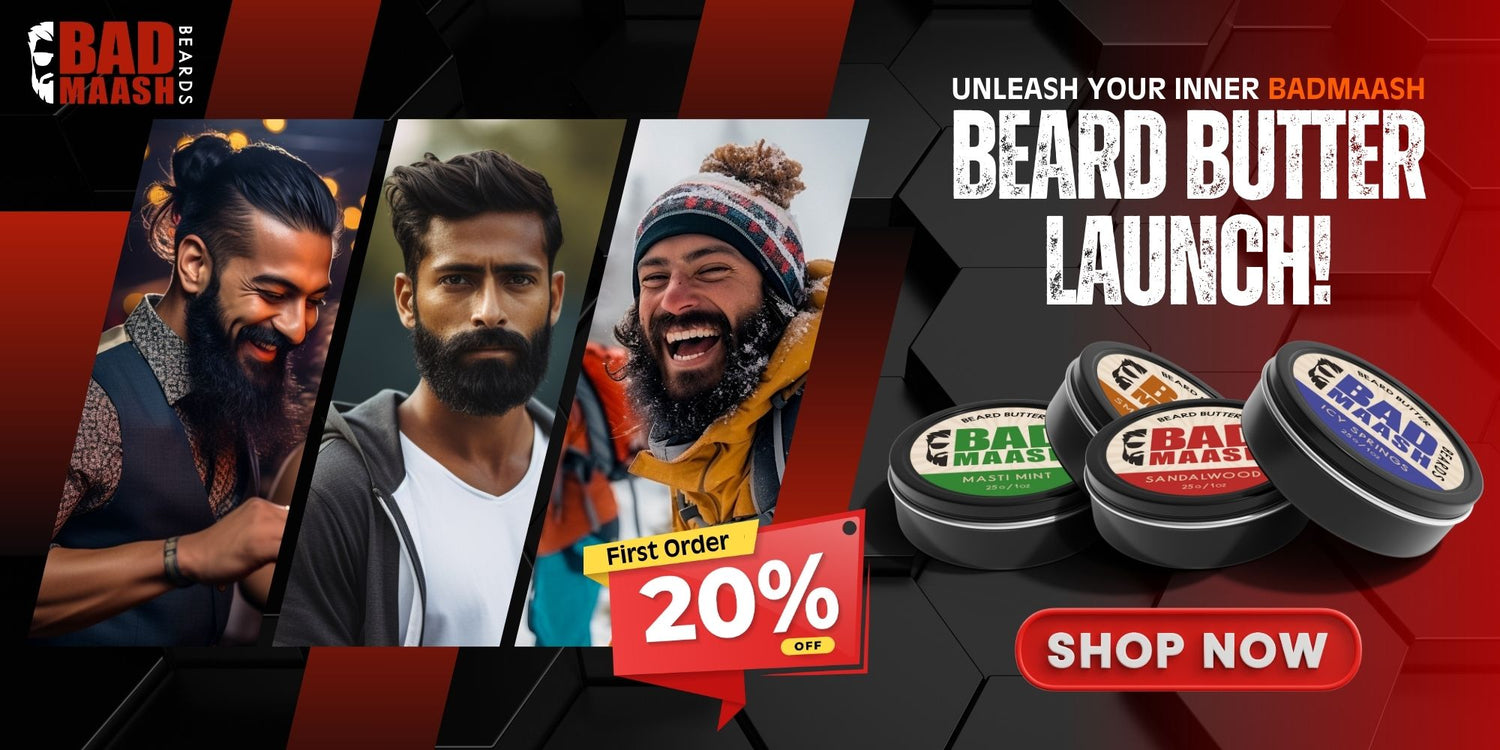 New collection of beard grooming products, featuring a stylish man with facial hair using beard butter by Badmaash Beards.