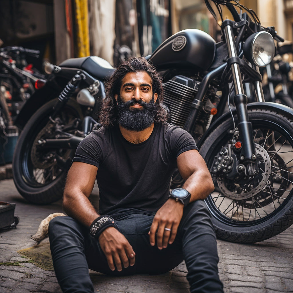 Casual yet stylish bearded man using grooming products by Badmaash Beards, highlighting beard hair products for a full beard.